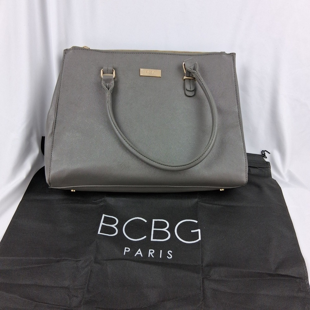 BCBG Paris Womens Grey Saffiano Faux Leather Tote Bag Gold Hardware R00677